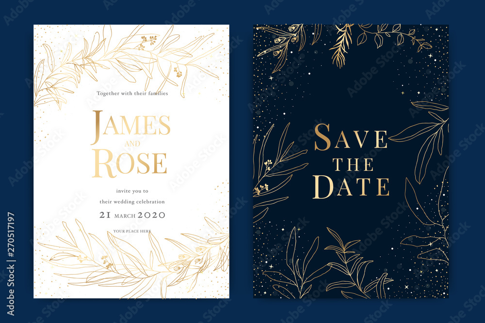 Wall mural navy blue wedding invitation, floral invite thank you, rsvp modern card design in golden text and le - Wall murals