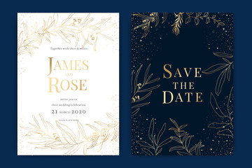 Navy blue Wedding Invitation, floral invite thank you, rsvp modern card Design in Golden Text and  leaf greenery  branches decorative Vector elegant rustic template