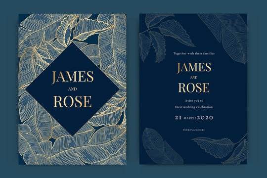 Navy blue Wedding Invitation, floral invite thank you, rsvp modern card Design in Golden Text and  leaf greenery  branches decorative Vector elegant rustic template