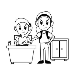Students kids in school cartoon in black and white