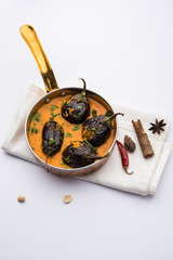 Baingan masala / Eggplant / brinjal curry served in bowl or pan, selective focus