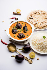 Baingan masala / Eggplant / brinjal curry served with chapati and rice, selective focus