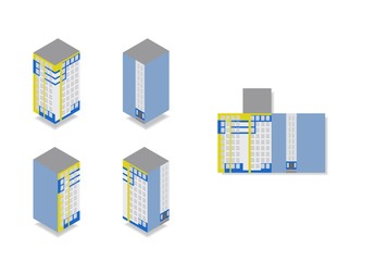 Fototapeta premium Vector isometric high rise building in urban city. Four sides of house and flat illustration on white background.