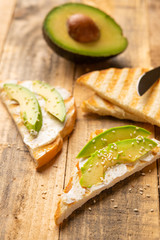 avocado sandwiches, Philadelphia cheese with toast and sesame, morning breakfast, healthy and clean food