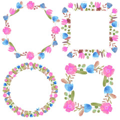 set of hand-drawn watercolor frames of stylized flowers