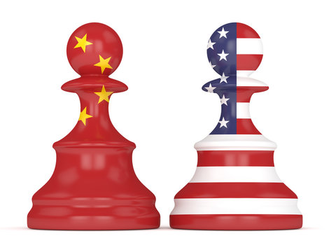 3d Render Of  USA And China Flags On Chess Pawns Soldiers