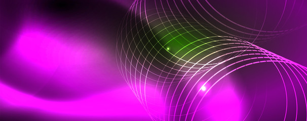 Techno glowing background, futuristic dark template with neon light effects and simple forms, vector