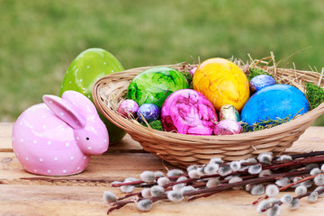 Traditional Easter basket with colorful eggs.