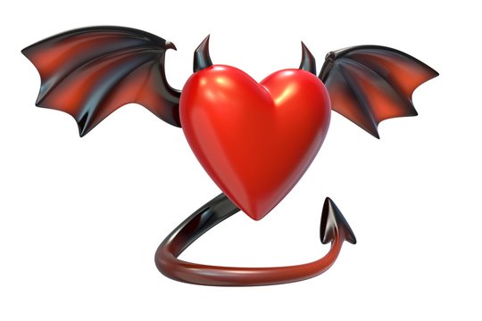 3D render of Red Heart shape with devil wings isolated on white background