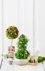 Christmas decoration in tree shape with moss, cinnamon sticks and rose hip and advent wreath on the table.