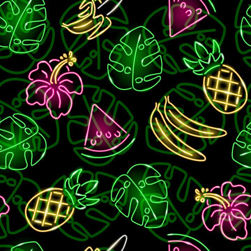Seamless pattern with neon summer icons: pineapple, banana, monstera leaf and hibiscus on black background. Exotic, tropical, food concept. Vector 10 EPS illustration.