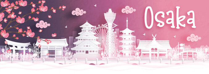 Naklejka premium Panoramiczny widok na panoramę miasta Osaka ze słynnymi zabytkami Japonii w ilustracji wektorowych stylu cięcia papieru.