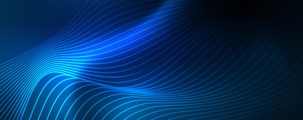 Smooth wave lines on blue neon color light background. Glowing abstract wave on dark, shiny motion, magic space light