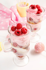Raspberry layer dessert.