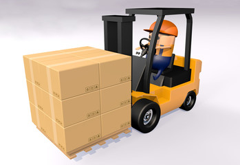 3D cartoon driving forklift to carry the brown paper card box stack on the wood pallet against...