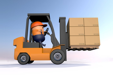 3D cartoon driving forklift to carry the brown paper card box stack on the wood pallet against...
