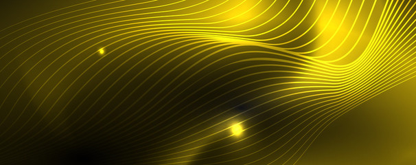 Smoky glowing waves in the dark. Dark abstract background with neon color light and wavy lines. Vector