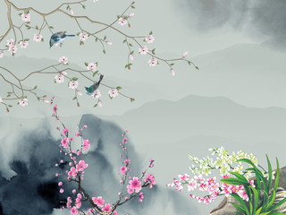 Fototapety  Ilustracja ciemnego krajobrazu, chmury, kwitnąca gałąź z siedzącymi ptakami, krzewy z różowymi i jasnozielonymi kwiatami