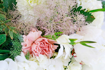 Wedding floral arrangement with hortensias (hydrangea), dahlias and carnations