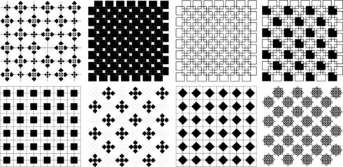 Seamless vintage retro square rectangle pattern illustration vector Set - Geometric graphic pattern wallpaper background - Black and white tone