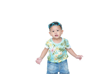 Portrait little Asian baby boy wearing a flowers summer dress and sunglasses isolated on white background. Summer and fashion concept.