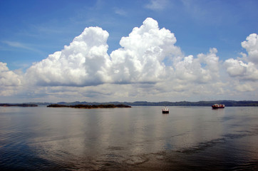 Landscapes of the Panama canal, view from the transiting cargo ship.