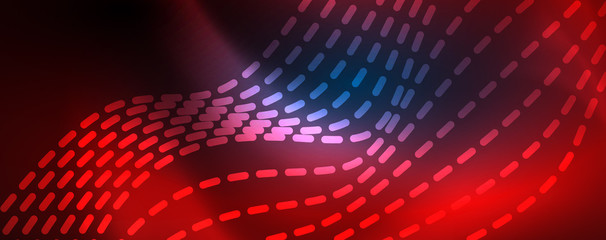 Fototapeta premium Smooth wave lines on blue neon color light background. Glowing abstract wave on dark, shiny motion, magic space light