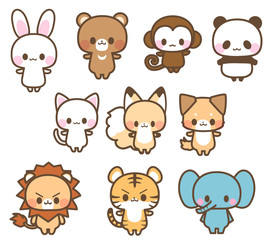 うさぎ・くま・パンダ・猫・犬・きつね・猿・ライオン・トラ・ゾウ動物の可愛いイラスト（主線あり）