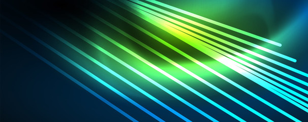 Naklejka premium Neon blue glowing lines, magic energy space light concept, abstract background wallpaper design