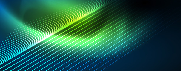 Neon blue glowing lines, magic energy space light concept, abstract background wallpaper design