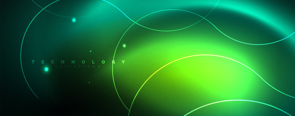 Shiny neon lines template - northern lights glowing blur lines. Futuristic style glow neon 80s disco club or night party techno template