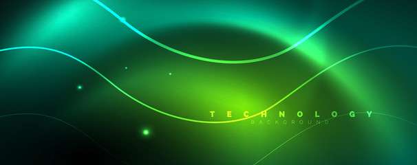 Shiny neon lines template - northern lights glowing blur lines. Futuristic style glow neon 80s disco club or night party techno template