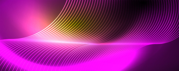 Bright neon circles and wave lines, glowing shiny background design template, digital techno concept.