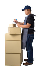 delivery man in Black shirt and apron with stack of boxes isolated