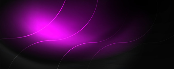 Dark abstract background with bright color neon lights and lines. Glowing background