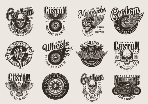 Vintage monochrome motorcycle emblems