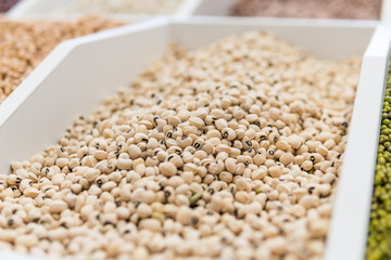 organic beans in the grocery store. organic bean and chickpea seeds