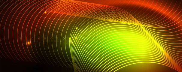 Fototapeta premium Bright neon circles and wave lines, glowing shiny background design template, digital techno concept.