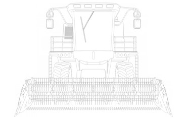 Industrial 3D illustration of thin contoured, detailed 3D model of large rye harvester on white, food industry vehicle innovation concept