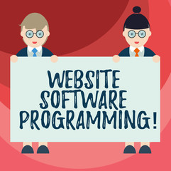 Text sign showing Website Software Programming. Conceptual photo coding or programming that enables website Male and Female in Uniform Standing Holding Blank Placard Banner Text Space