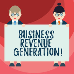Text sign showing Business Revenue Generation. Conceptual photo markets and sells a product to produce income Male and Female in Uniform Standing Holding Blank Placard Banner Text Space