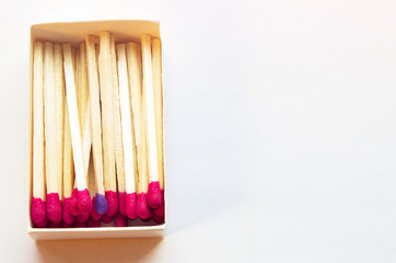 Pink matches and one match of purple color in a box. Difference, self respect and acceptance concept. Copyspace on the right side of the image for designers. Uniqueness and diversity concept.