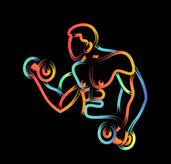 Muscular Man Workout with Barbell Sport and Activity Line Art Drawing, Vector Illustration.