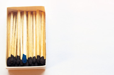 Black matches and one match of blue color in a box. Difference, self respect and acceptance concept. Copyspace on the right side of the image for designers. Uniqueness and individualism concept.