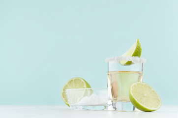 Tequila cocktail with salty rim, piece green lime in shot glass, salt in bowl on soft light pastel blue background.