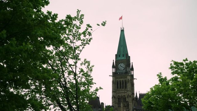 Peace Tower on Canada's Parliament Buildings seen from Major's Hill Park