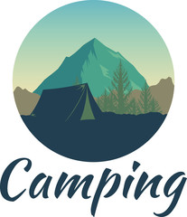 Summer camping concept. Outdoor recreation template. Logo adventure landscape and wanderlust. Big mountain, nature, tent and sunrise. Inspirational lettering. Freedom from city life and bustle.