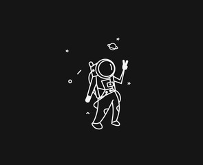 Astronaut making victory sign - Flat Line Art Vector Design.