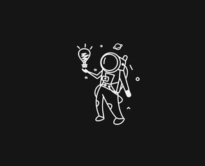 Astronaut Man looking at light idea bulb, Cartoon Flat Line Art Vctor Illutration.