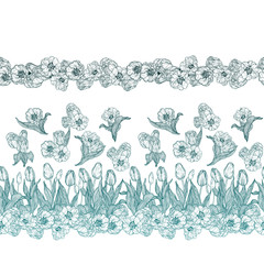 Seamless vector pattern with flowers in horizontal lines